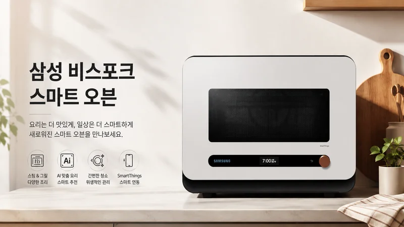 아늑한 한국식 가정집 주방에서 Bespoke 큐커 옆에 예쁘게 플레이팅된 요리의 모습