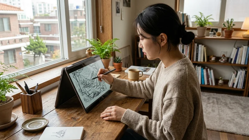 Premium metallic 2in1 laptop used with stylus pen in a cozy home office setting