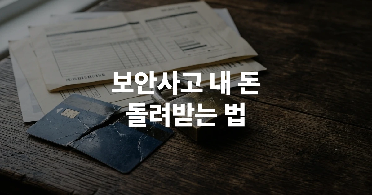 어두운 나무 책상 위에 놓인 자물쇠와 찢어진 금융 보안 카드 및 공식 피해 보상 문서를 촬영한 사진