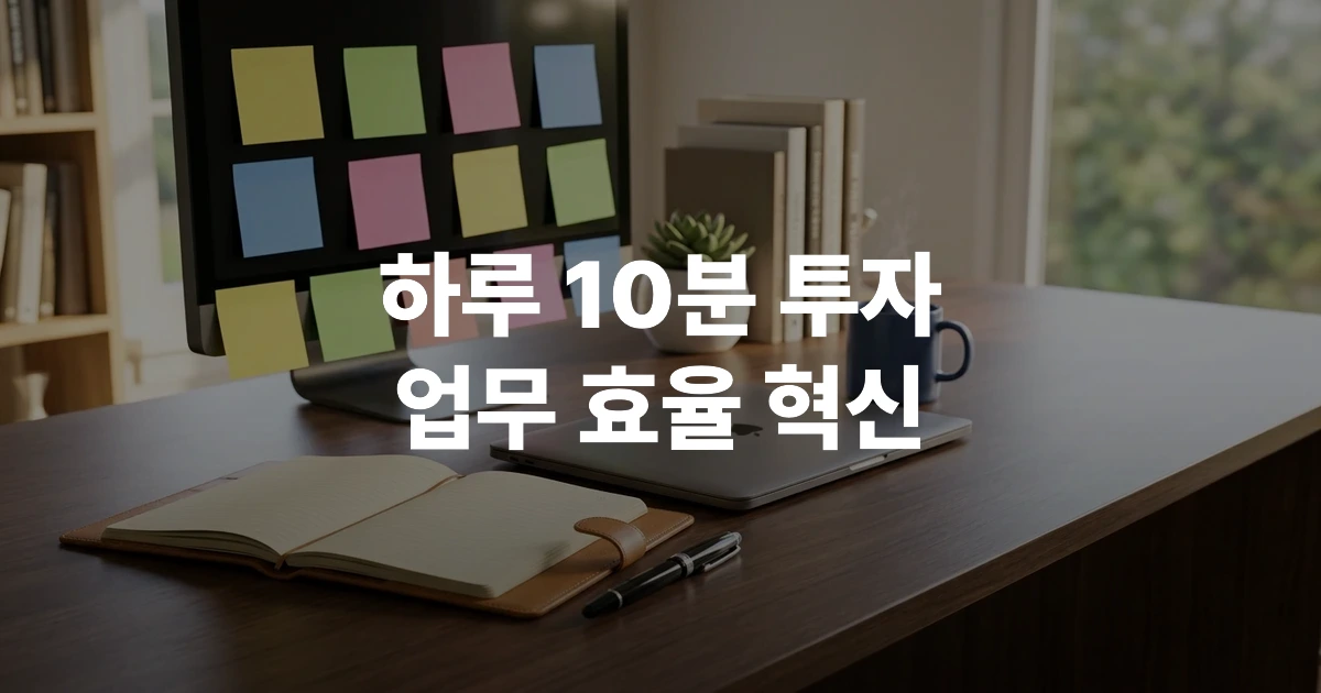 업무 정리 시스템이 갖춰진 깔끔한 책상 위에 플래너와 노트북, 스티커 메모가 정돈된 모습