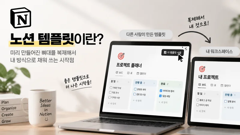 노션 템플릿의 개념을 설명하며 기존 템플릿을 복제해 개인 워크스페이스로 활용하는 과정을 보여주는 노트북 화면 이미지