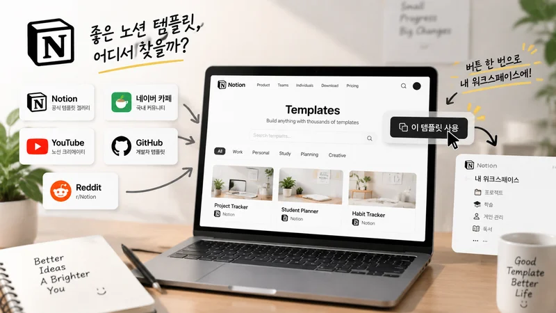 노션 공식 갤러리와 다양한 커뮤니티에서 템플릿을 찾고 한 번의 클릭으로 워크스페이스에 추가하는 과정을 표현한 이미지