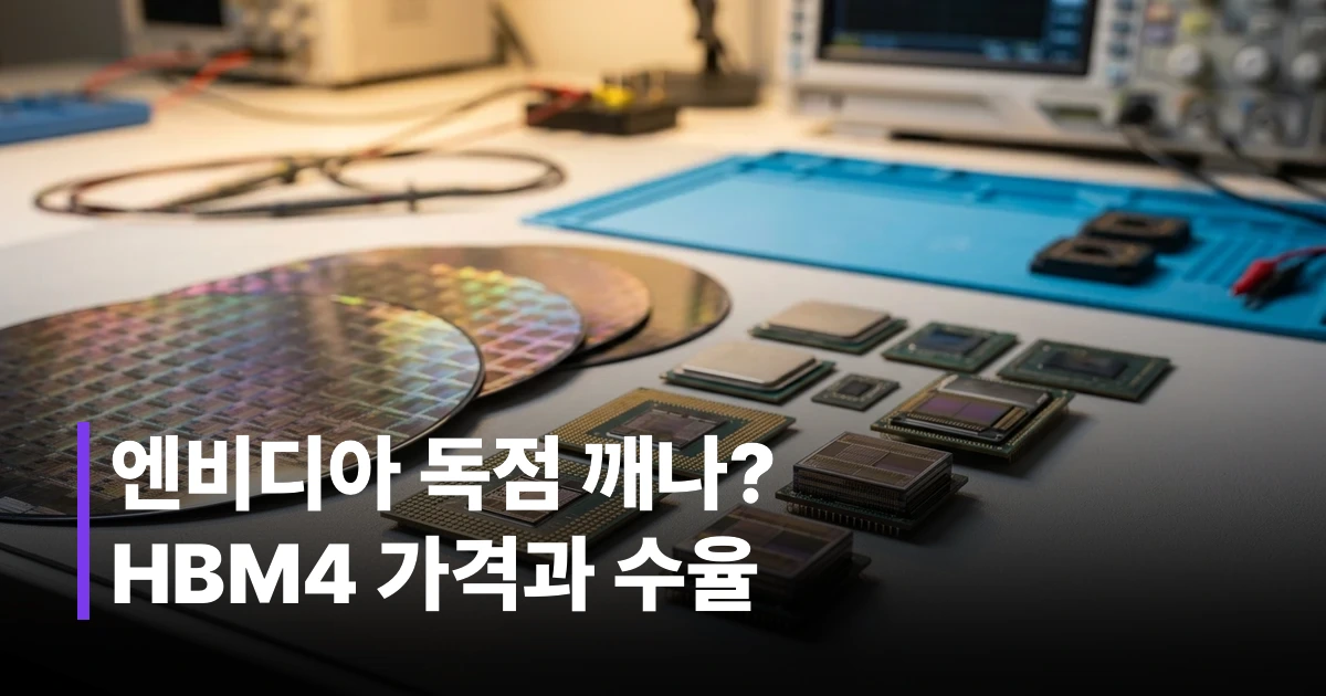 공학용 테스트 벤치 위에 놓인 반도체 웨이퍼와 마이크로칩 실물