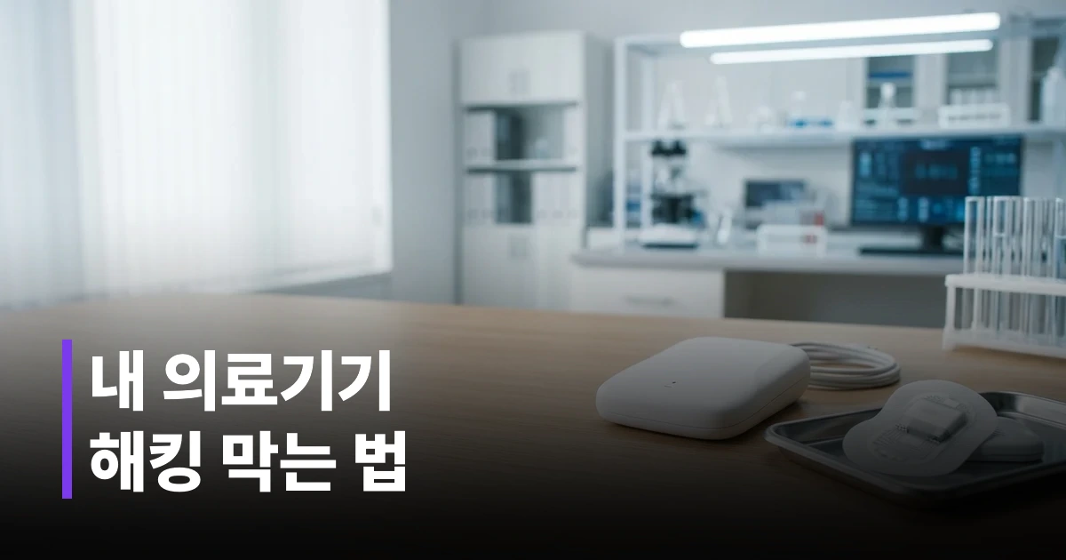의료기기 원격 모니터링 보안을 위한 핵심 아이콘과 안전한 네트워크를 형상화한 이미지