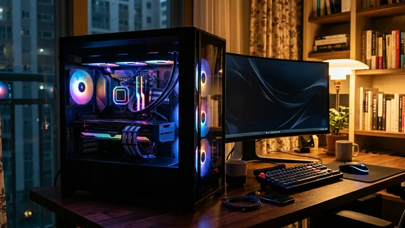컴퓨터 케이스 내부의 고성능 그래픽카드와 RGB 메모리 모듈이 빛나고 있는 모습