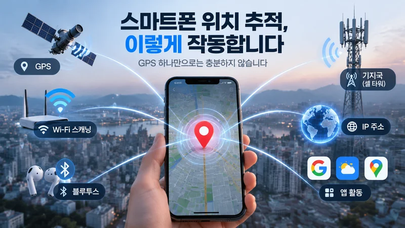 안드로이드 스마트폰의 위치 서비스와 앱 권한, Wi-Fi·블루투스 검색 차단 설정을 보여주는 이미지