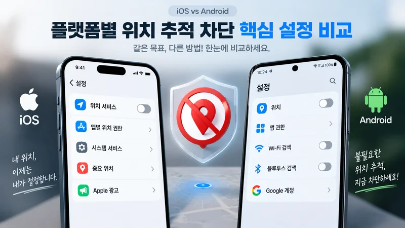 아이폰과 안드로이드 플랫폼별 위치 추적 차단 핵심 설정을 비교하는 이미지