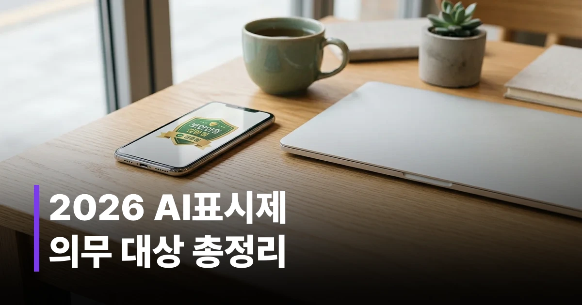 2026년 시행된 AI 표시제를 안내하는 디지털 기기와 서류