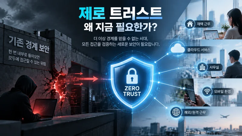 경계 기반 보안의 한계를 상징하는 위협 환경과 제로 트러스트 보안 체계를 대비한 디지털 보안 이미지