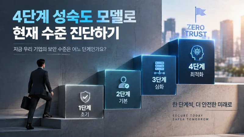 제로 트러스트 4단계 성숙도 모델을 표현한 계단형 보안 로드맵과 단계별 보안 강화 이미지