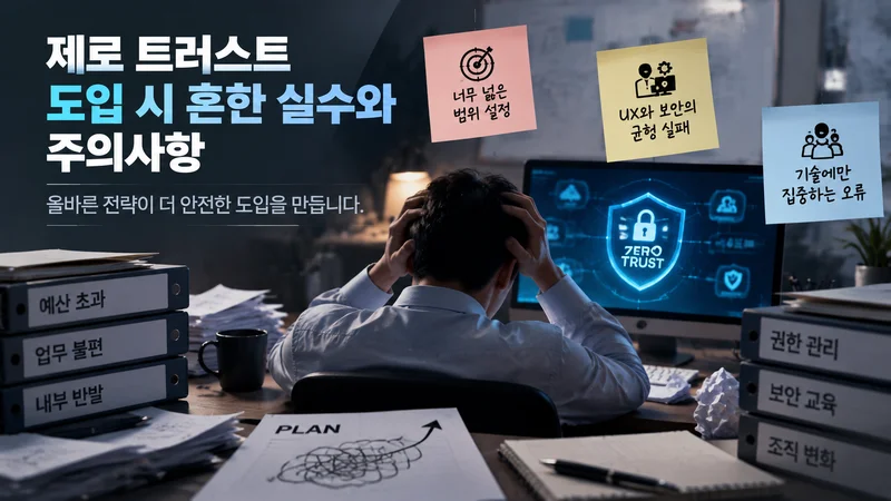 제로 트러스트 도입 과정에서 발생하는 범위 설정, 사용자 경험, 기술 집중 오류를 표현한 업무 환경 이미지