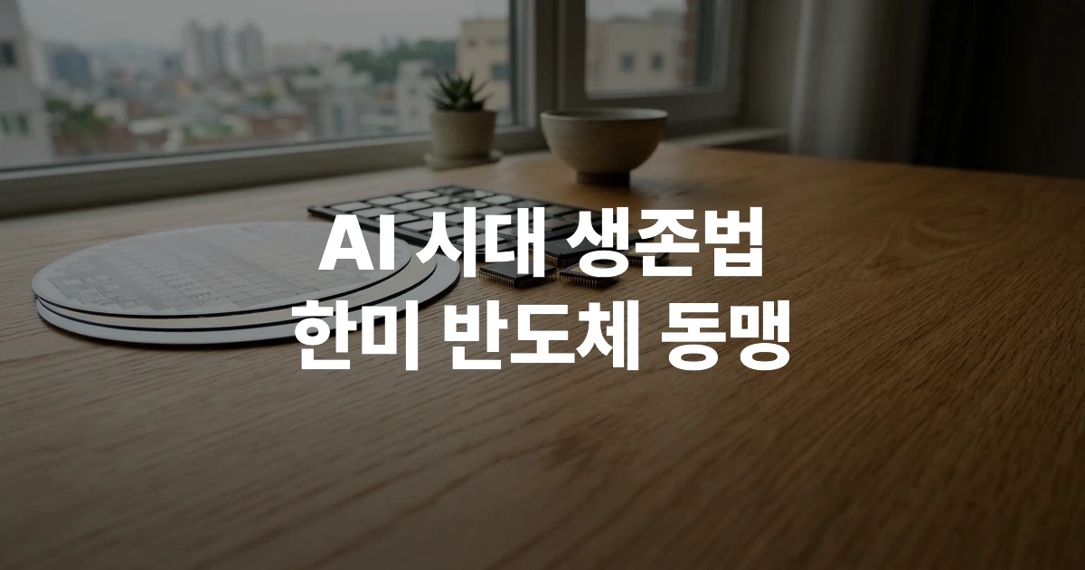 목재 책상 위에 놓인 실리콘 웨이퍼와 반도체 칩