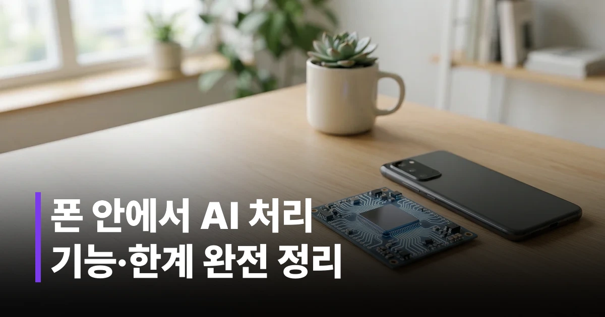 스마트폰 옆에 놓인 NPU 반도체 칩과 신경망 회로 패턴을 보여주는 온디바이스 AI 개념 이미지