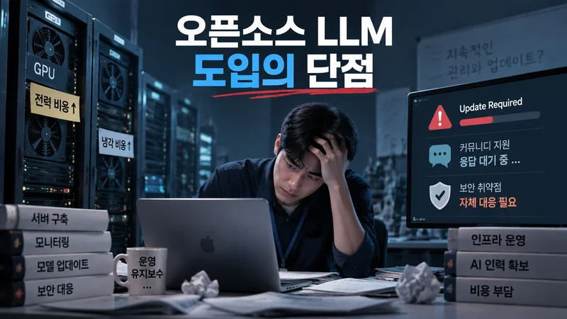 오픈소스 LLM 도입 전 데이터 보안, 비용 효율, 내부 기술 역량을 점검하는 기업 의사결정 이미지