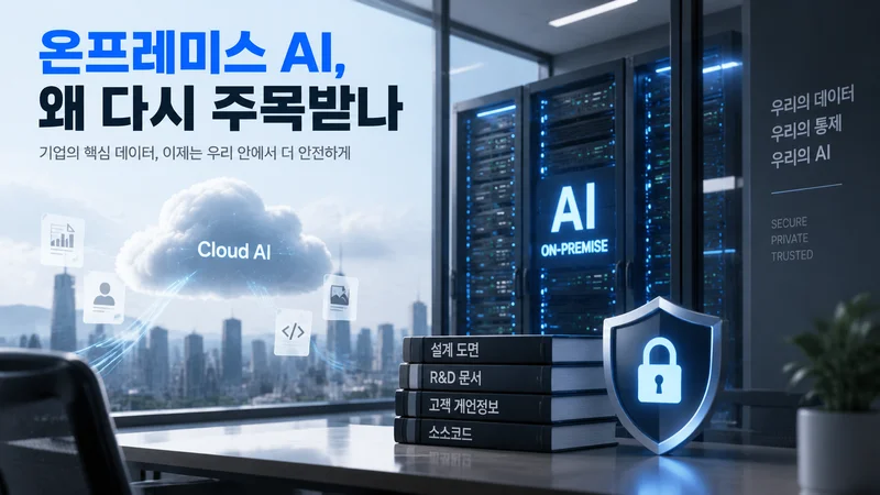 온프레미스 AI가 기업 핵심 데이터를 내부에서 안전하게 관리하는 모습을 보여주는 서버룸과 보안 아이콘 중심의 이미지