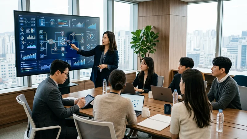 데이터 분석 대시보드와 AI 워크플로 다이어그램이 표시된 모니터
