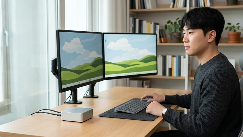 미니PC와 외장 SSD, 케이블이 정리된 홈오피스 데스크 환경