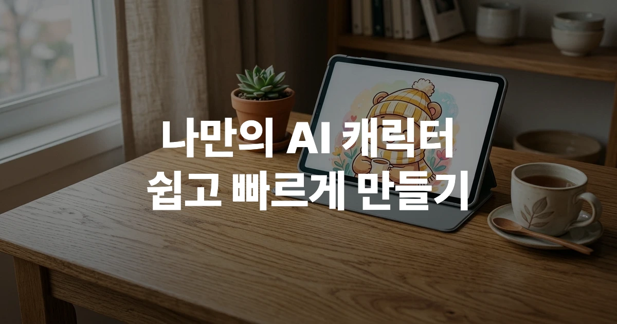 작업대 위 태블릿 화면에 떠 있는 귀여운 AI 캐릭터 캐릭터 디자인 일러스트