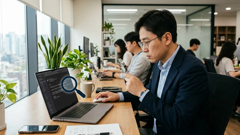 이메일 보안 점검을 위한 컴퓨터 화면과 서류가 놓인 사무 책상