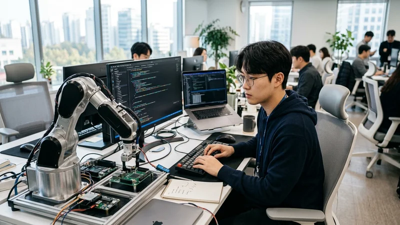 현대적인 사무실에서 한국인 소프트웨어 엔지니어가 로봇 제어 시스템을 안전하게 디버깅하고 있는 모습