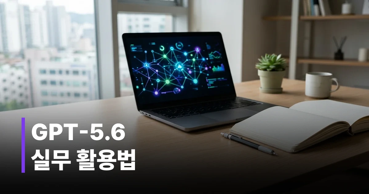 GPT-5.6 실무 가이드 화면이 켜져 있는 노트북과 깔끔한 노트북 데스크 테리어 구성의 썸네일 이미지
