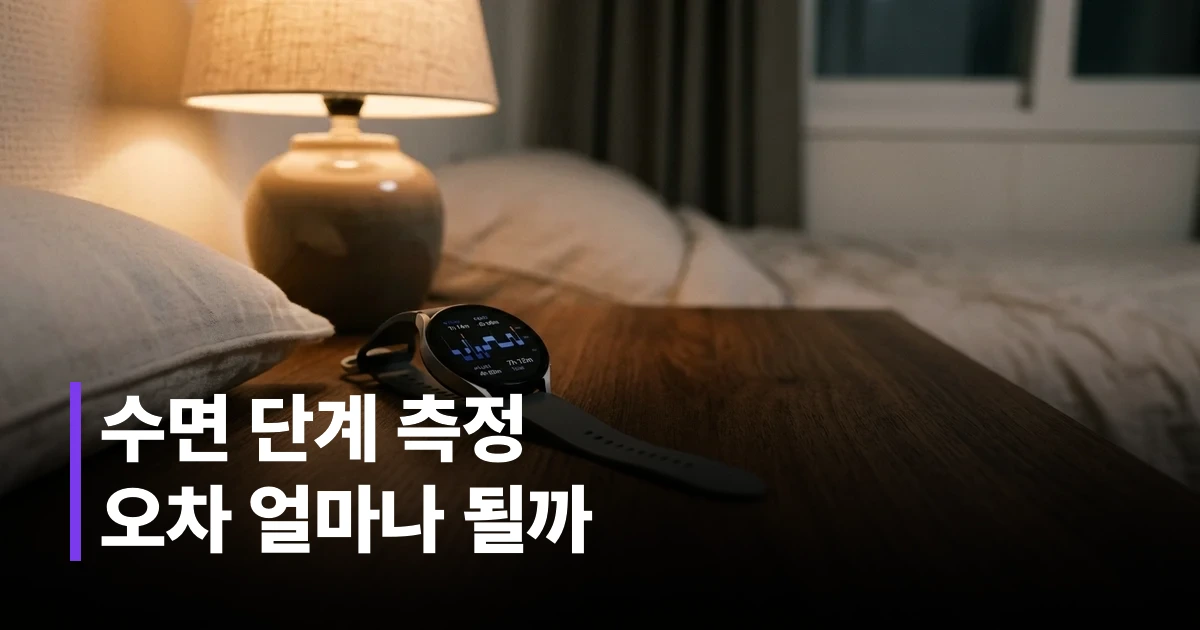 침대 옆 협탁에 놓인 스마트워치와 수면 데이터가 표시된 화면
