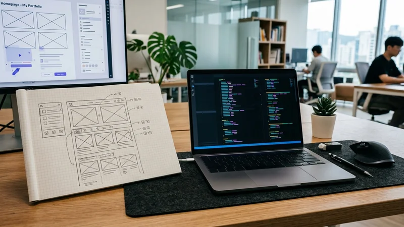 노트북 화면에 표시된 HTML·CSS 마크업과 옆에 놓인 UI 와이어프레임 스케치