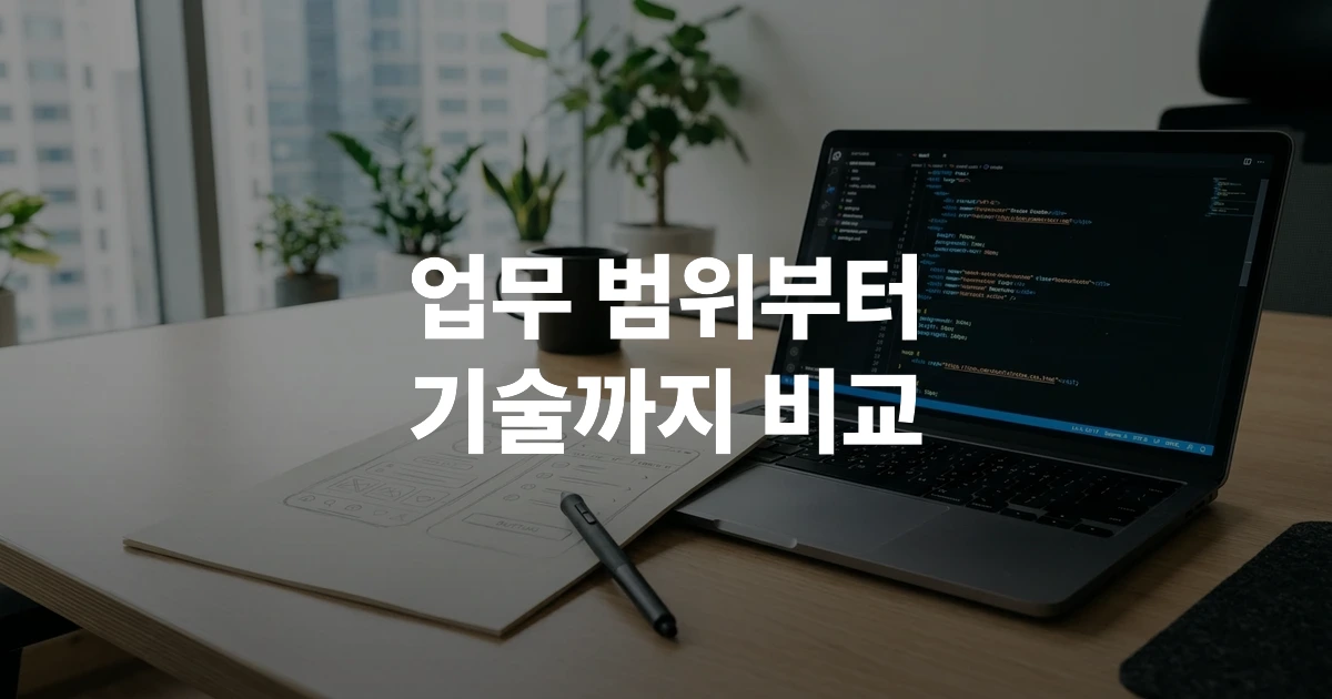 웹 퍼블리셔와 프론트엔드 개발자의 업무 차이를 상징하는 디자인 시안과 코드 화면