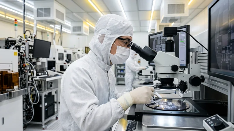 방진복을 입고 클린룸에서 반도체 실리콘 웨이퍼를 검사하는 한국인 엔지니어 이미지 대체 텍스트