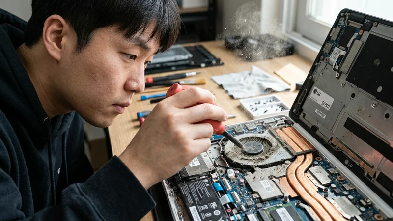 노트북 내부 팬과 방열판에 쌓인 먼지를 청소하는 도구들이 놓인 장면
