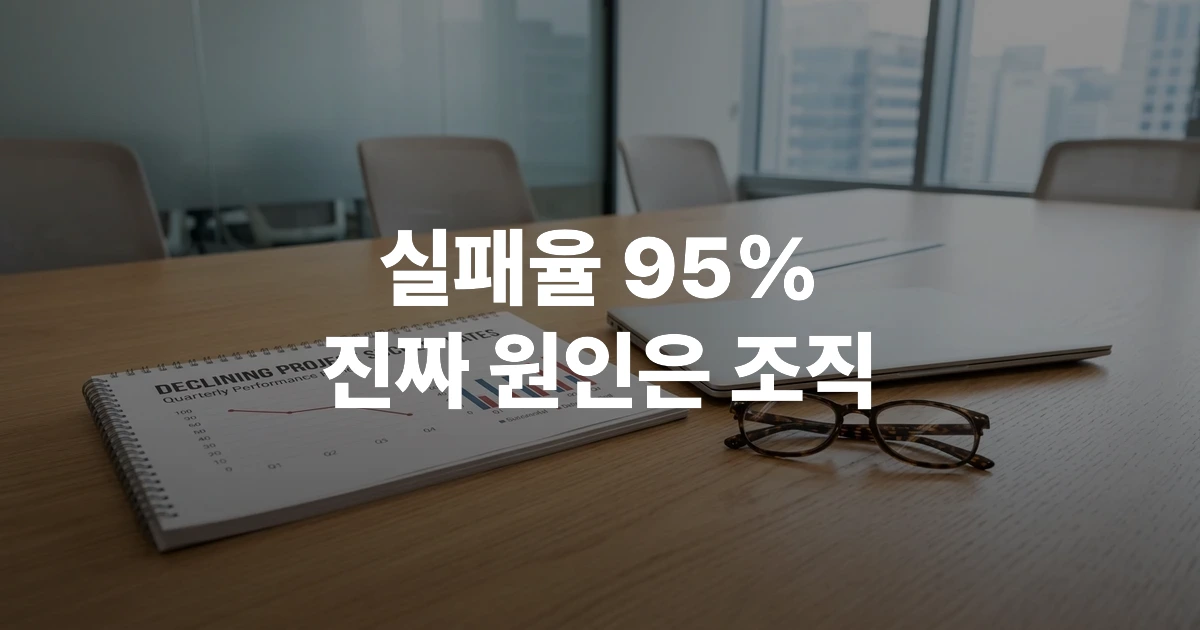 회의 테이블 위에 놓인 AI 전환 실패 원인 분석 보고서와 노트북