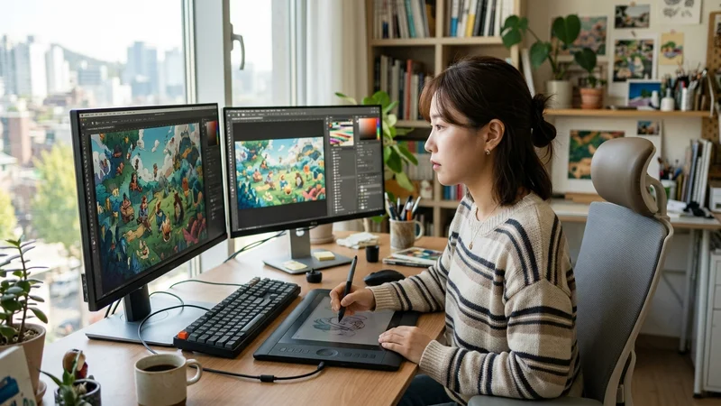 밝은 디자인 스튜디오에서 듀얼 모니터와 펜 태블릿을 이용해 일러스트 작업을 하고 있는 한국인 그래픽 디자이너의 모습