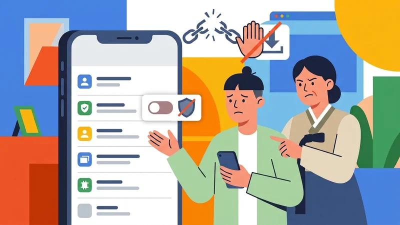 의심스러운 문자 메시지 링크와 스마트폰 보안 경고 아이콘이 함께 있는 장면