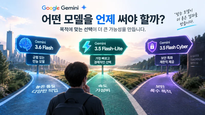 구글 제미나이 AI 모델 선택 가이드, 3.6 Flash·3.5 Flash-Lite·Flash Cyber 활용 목적 비교 이미지