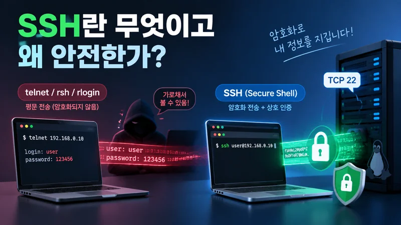 SSH의 안전성을 설명하는 이미지로 암호화되지 않은 접속과 SSH 암호화 통신을 비교하고 보안 연결을 강조한 모습
