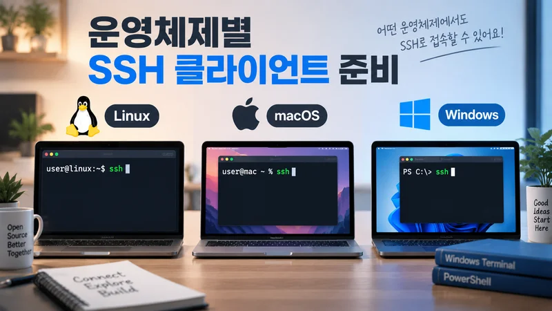 운영체제별 SSH 클라이언트 준비 과정을 보여주는 이미지로 리눅스, macOS, 윈도우 환경에서 터미널 SSH 명령어를 실행하는 모습