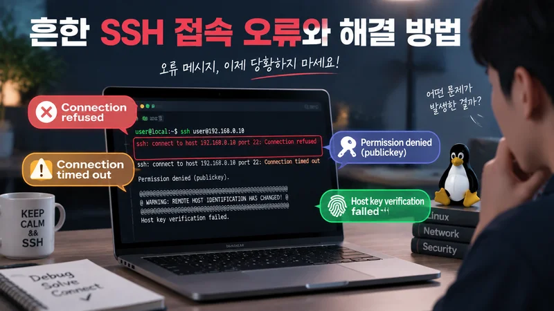 SSH 접속 오류 해결 방법을 보여주는 이미지로 노트북 화면에 다양한 오류 메시지와 해결 과정을 표현한 모습