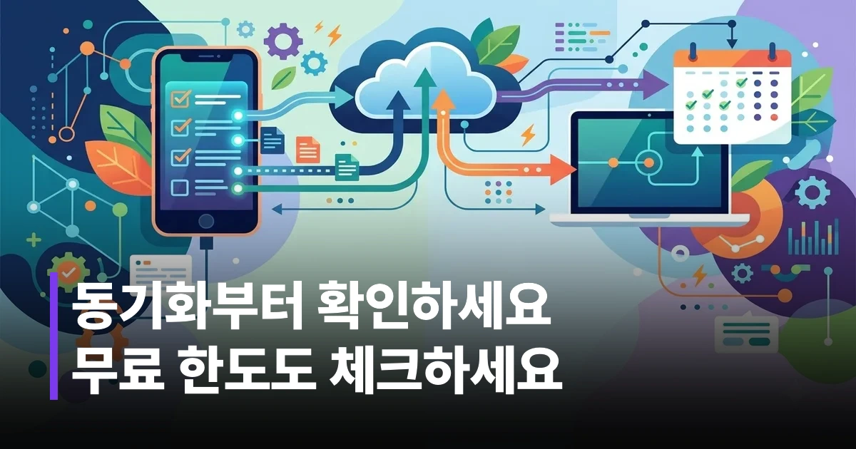 여러 기기에서 동기화되는 할 일 관리 앱을 상징하는 체크리스트와 클라우드 아이콘 일러스트