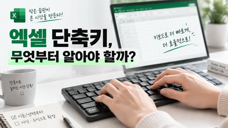 엑셀 화면과 키보드를 배경으로 서식 및 수식 단축키 활용을 설명하는 업무 장면 이미지