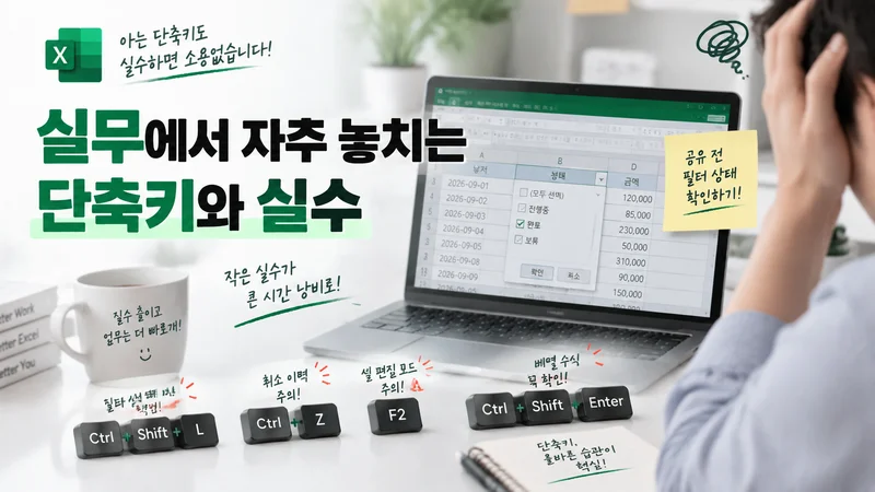 엑셀 단축키 정리와 실무 활용법을 소개하며 키보드와 스프레드시트 화면을 강조한 이미지