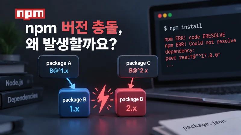 npm 버전 충돌 해결 과정을 보여주는 화면으로 터미널 오류를 확인하고 패키지 삭제와 재설치, 버전 고정, 중복 정리를 진행하는 단계를 표현한 기술 이미지