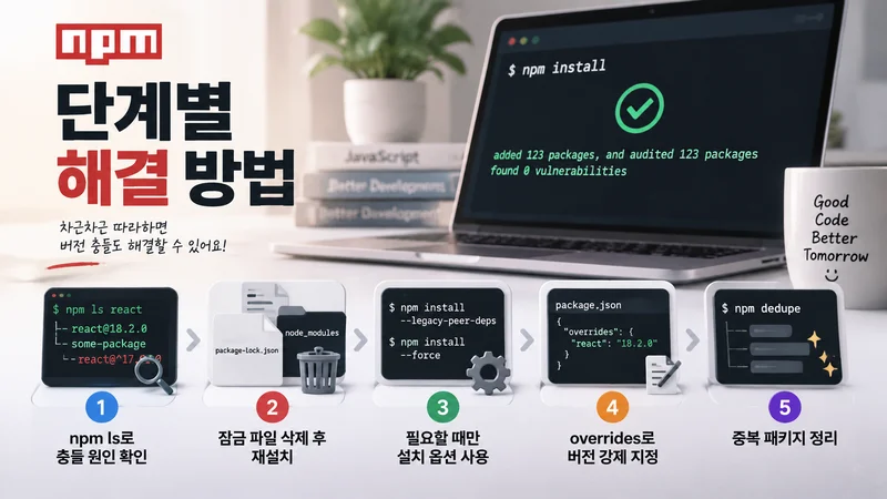 npm 버전 충돌 해결 과정에서 발생하는 실수를 경고하는 화면으로 --force와 --legacy-peer-deps 사용, package-lock 관리, overrides 설정 주의사항을 보여주는 기술 이미지