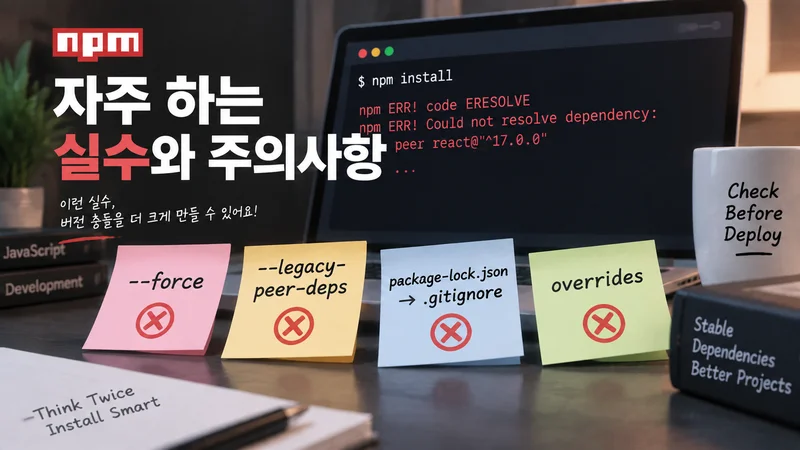 npm 버전 충돌 해결 시 자주 하는 실수와 주의사항을 표현한 화면으로 오류 로그 확인과 배포 전 검증의 중요성을 강조하는 개발 환경 이미지