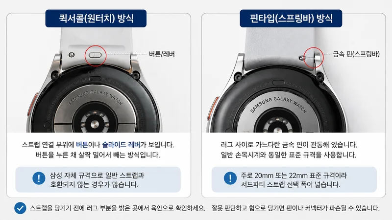 테이블에 놓인 스마트워치 옆에 두 가지 다른 형태의 시계 스트랩 버클이 있다.