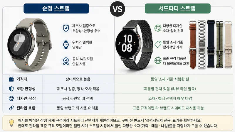 가죽 스트랩과 실리콘 스트랩이 흰색 배경에 나란히 배치된 모습