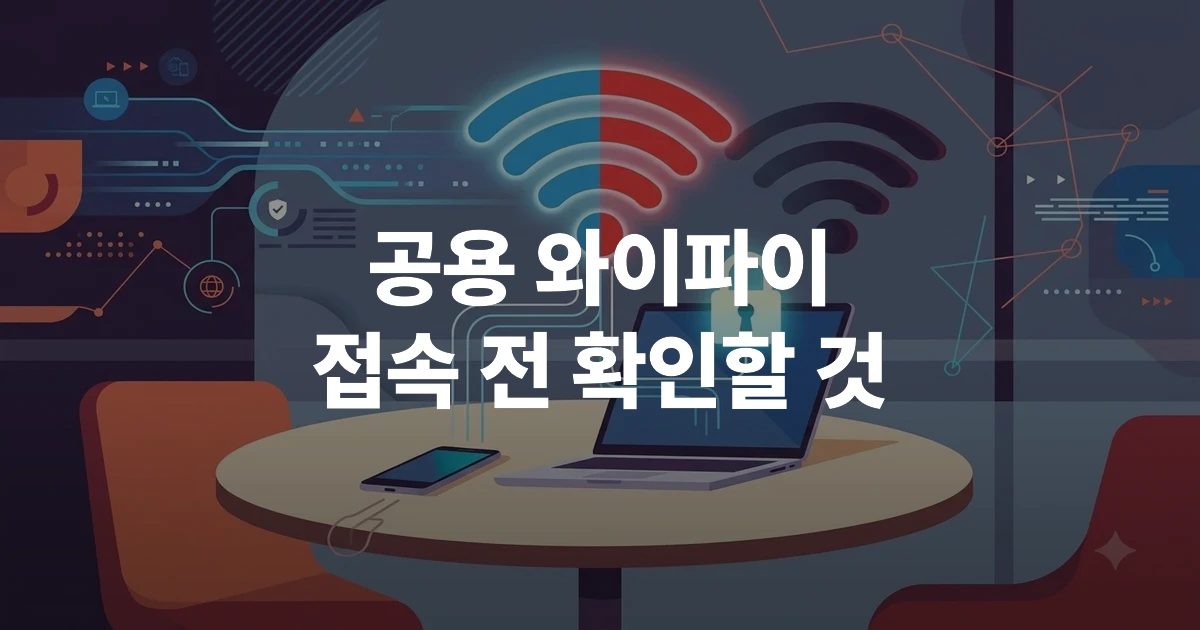 카페 테이블 위 노트북과 스마트폰에 와이파이 신호와 경고 아이콘이 겹쳐진 일러스트
