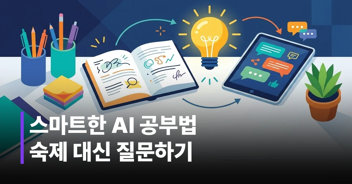책상 위에 놓인 태블릿 화면에 질문과 힌트가 오가는 청소년 인공지능 학습 일러스트