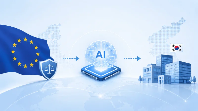 EU AI Act 규제가 한국 기업의 AI 활용에 적용되는 개념을 표현한 일러스트