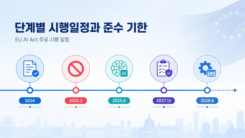EU AI Act 단계별 시행 일정과 주요 준수 기한을 나타낸 타임라인