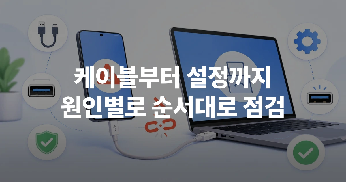 USB 연결 오류가 발생한 스마트폰과 노트북 및 해결 방법 아이콘